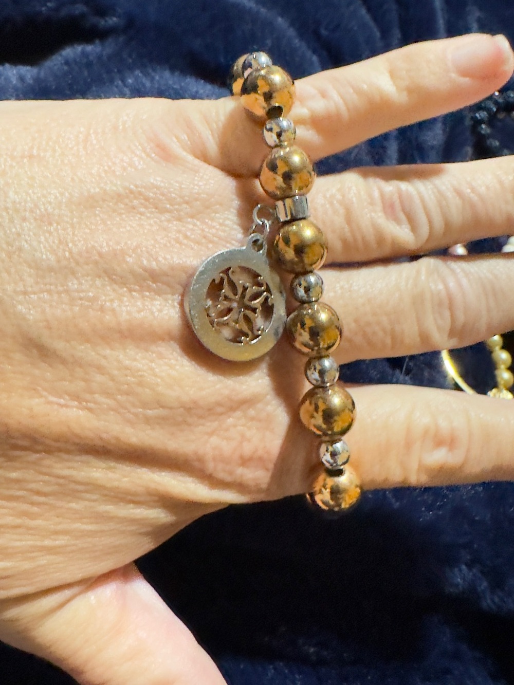 Rustic Cuff Rose Gold and Silver stretch bracelet with Charm